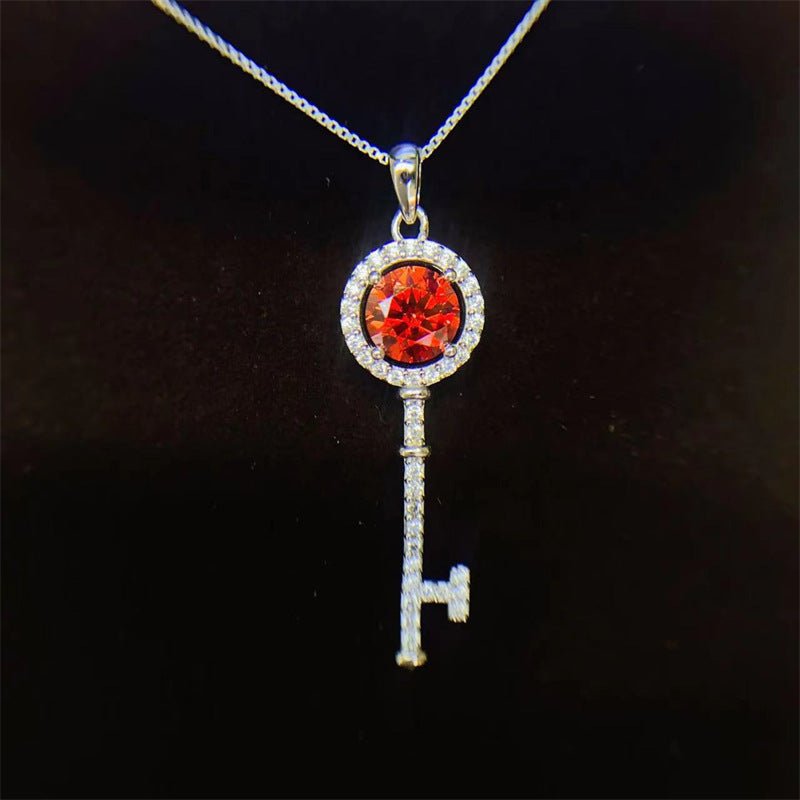Red Moissanite Key Pendant Necklace, Halo Red Stone Charm Jewelry for Women – view 1