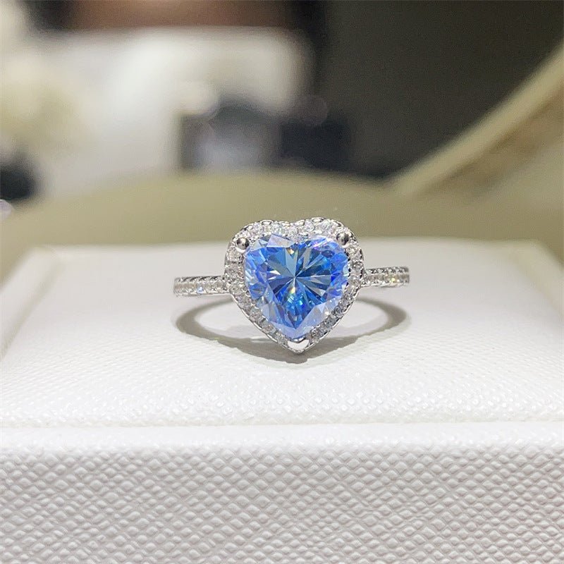 Blue Heart Moissanite Halo Ring for Women, Engagement Promise Wedding Ring – view 1
