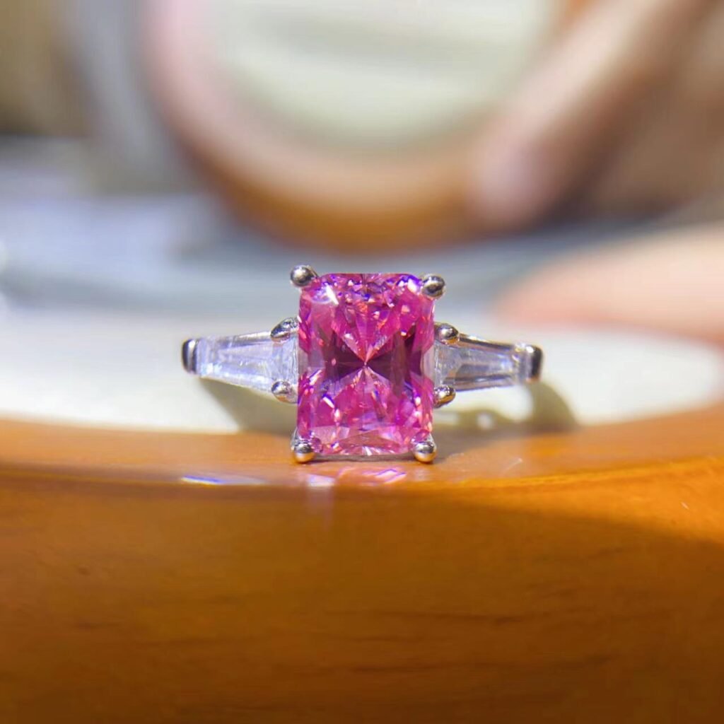 Pink Rectangular Moissanite Ring, AU750 White Gold Split Shank Engagement Ring – view 1