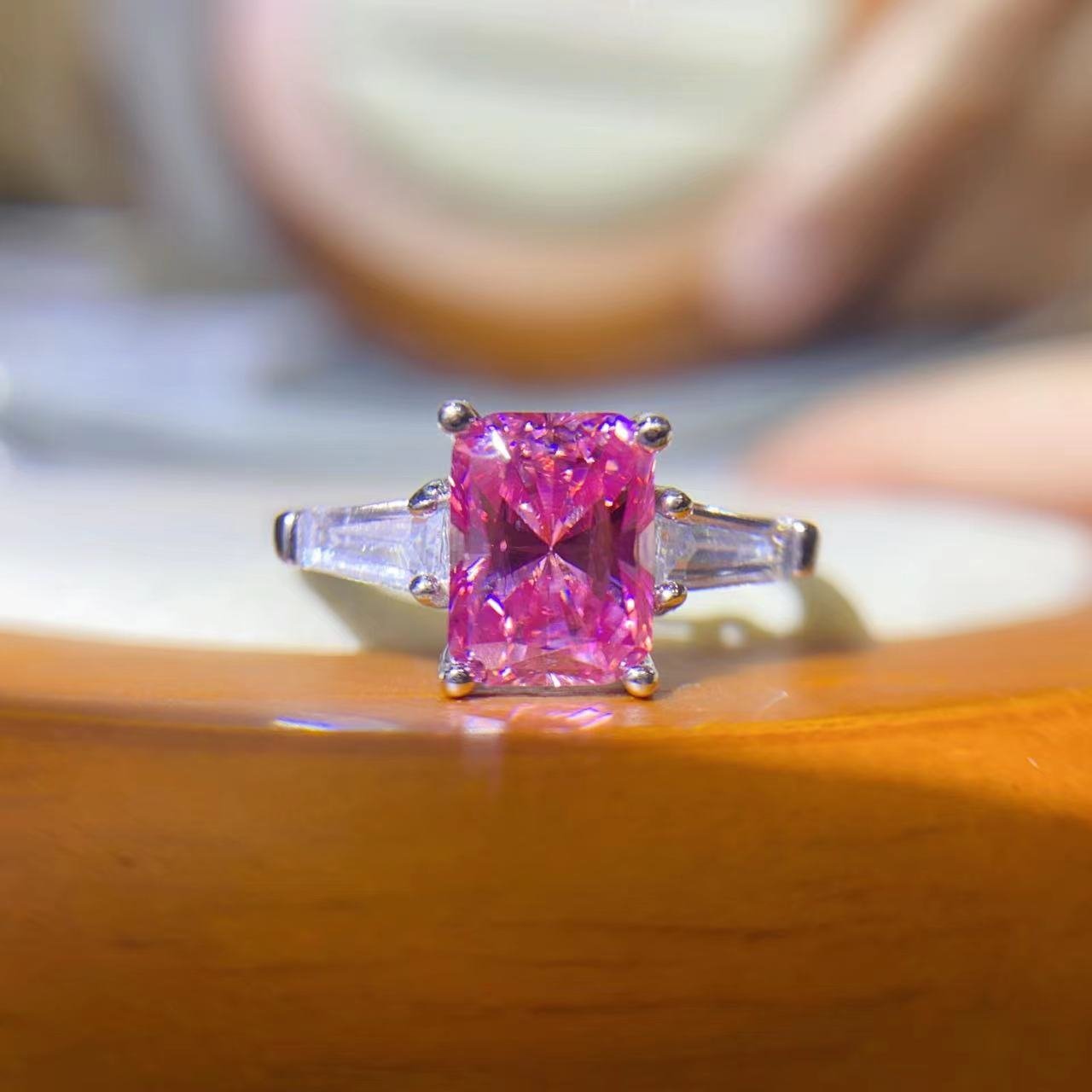 Pink Rectangular Moissanite Ring, AU750 White Gold Split Shank Engagement Ring – view 1