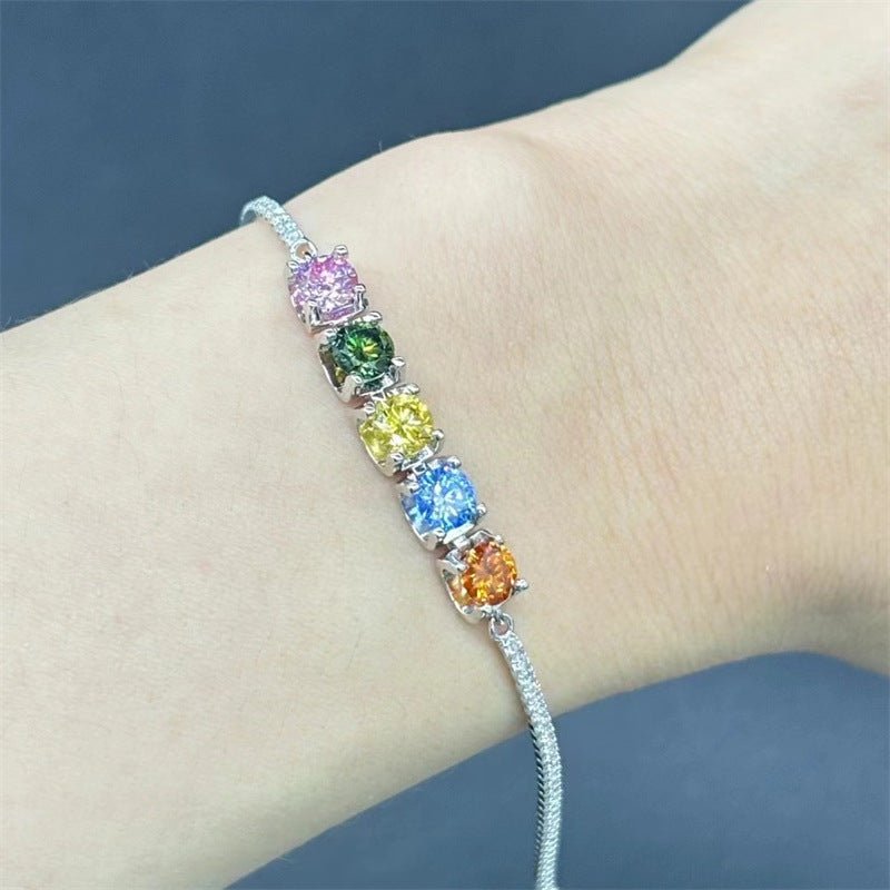 Multicolor VVS1 Moissanite Tennis Bracelet for Women, Five-Stone Silver Bracelet – view 1