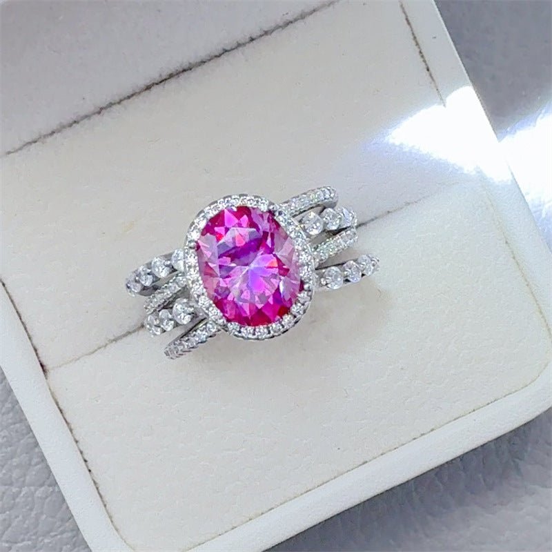 Pink Oval Moissanite Halo Ring for Women, 3 Carat Engagement Ring with Multi Layer Split Band – view 1