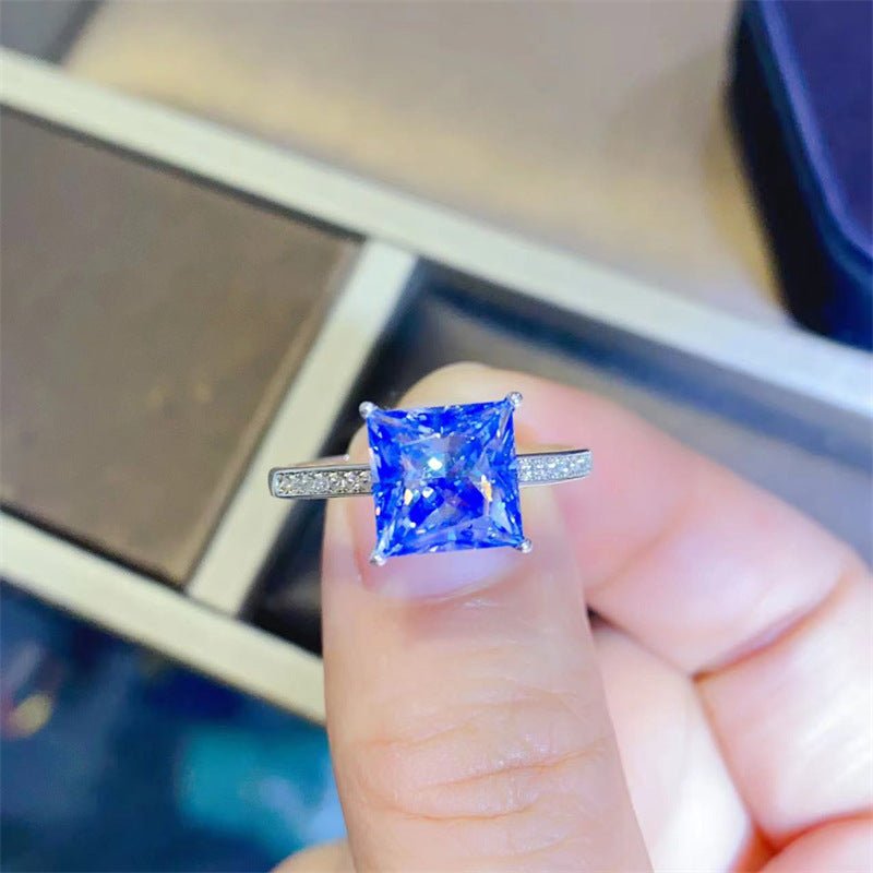 Blue Square Cut Moissanite Ring with Pave Band, Engagement Ring for Women – view 1