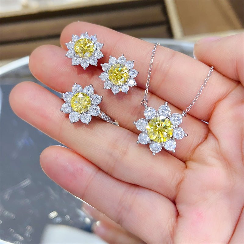 Yellow Moissanite Flower Halo Ring, Pendant & Stud Earrings for Women – view 1