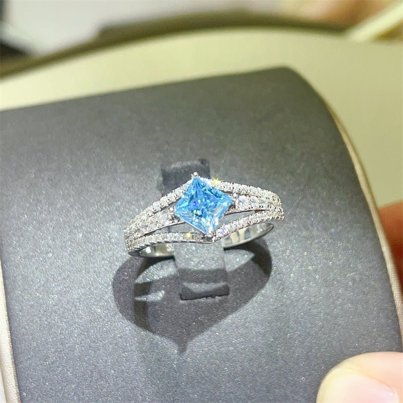 1 Carat Princess Cut Blue Moissanite Ring for Women, Split Shank Halo Style Engagement Ring – view 1