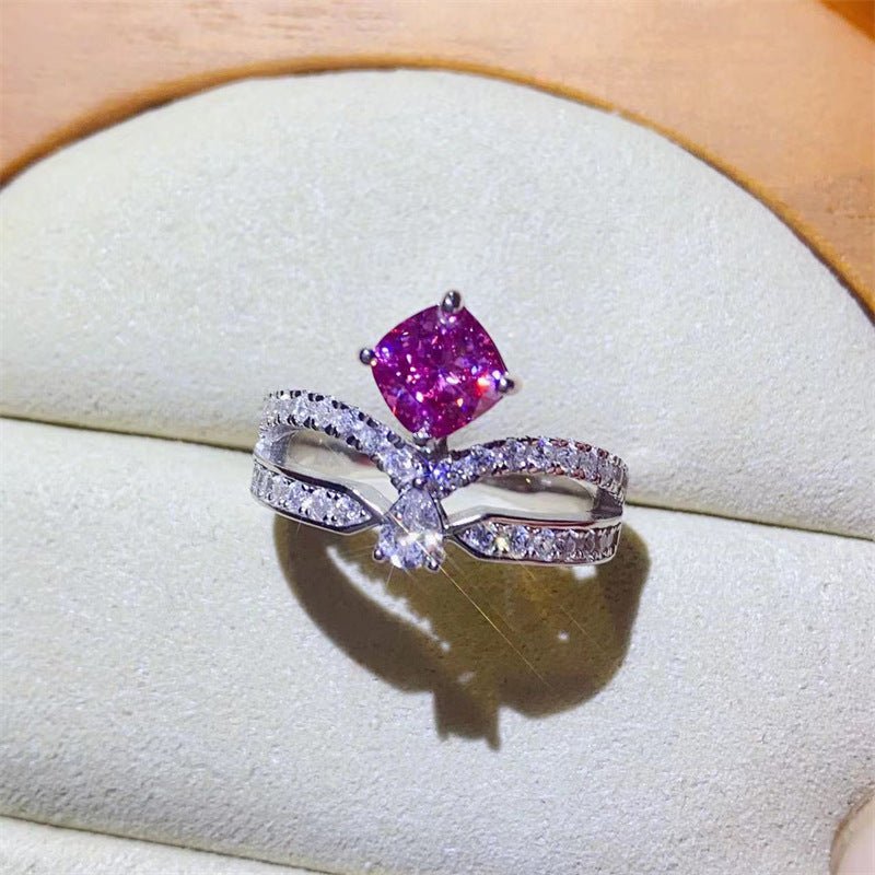 Pink or White 1 Carat Moissanite Ring for Women, Cushion Cut Crossover Band Engagement Ring – view 1