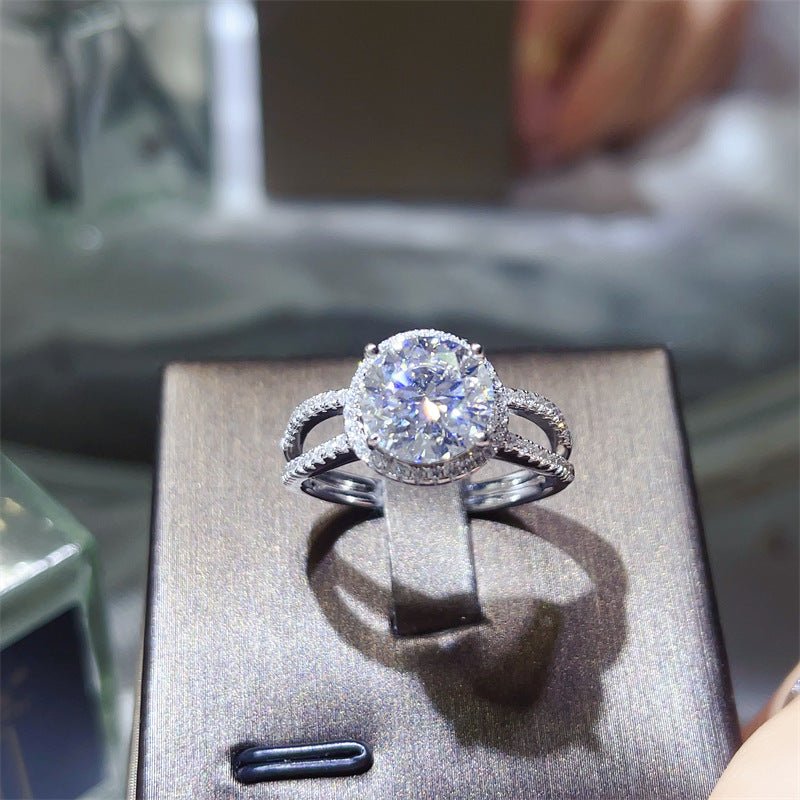 3 Carat Moissanite Halo Ring for Women, Double Band Split Shank Engagement Ring, Round Geometric U-Shape Promise Ring – view 1