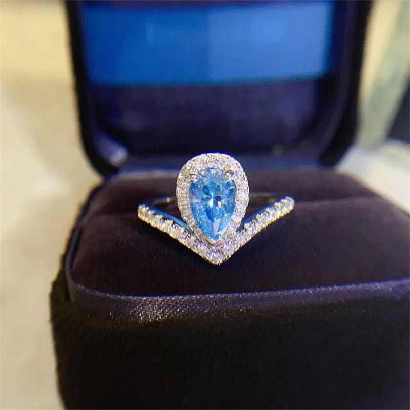 Blue Moissanite Halo Ring for Women, Pear Cut V-Shape Band, Promise & Engagement Style – view 1