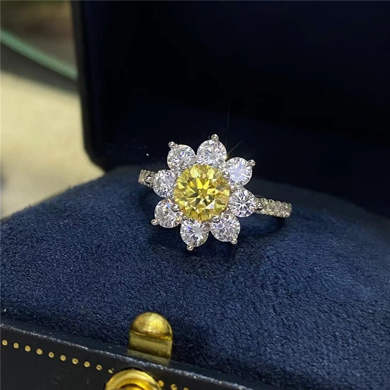Yellow Moissanite Flower Ring for Women, Floral Halo Ring, 1 Carat Style, Sizes 8-20 – view 1