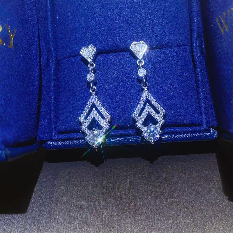 Moissanite Drop Earrings with Heart Stud and Double Chevron Design – view 1