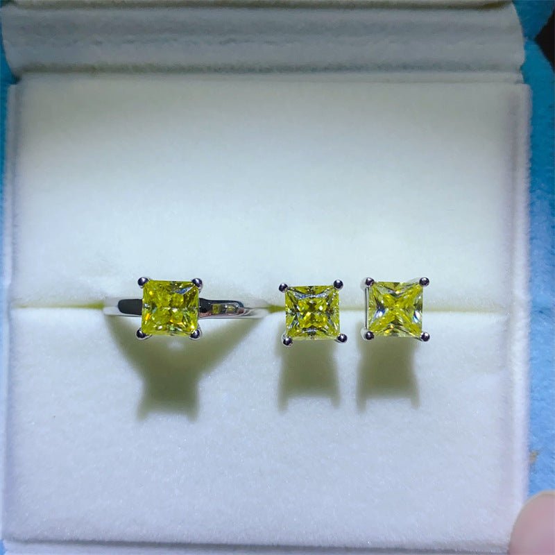 Lemon Yellow Princess Cut Moissanite Ring and Stud Earrings Set for Women – view 1