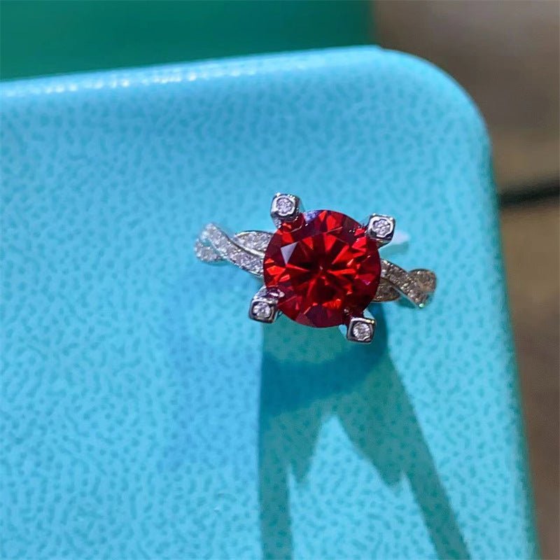 2 Carat Pigeon Blood Red Moissanite Ring for Women, Round Cut Twist Band Ring – view 1