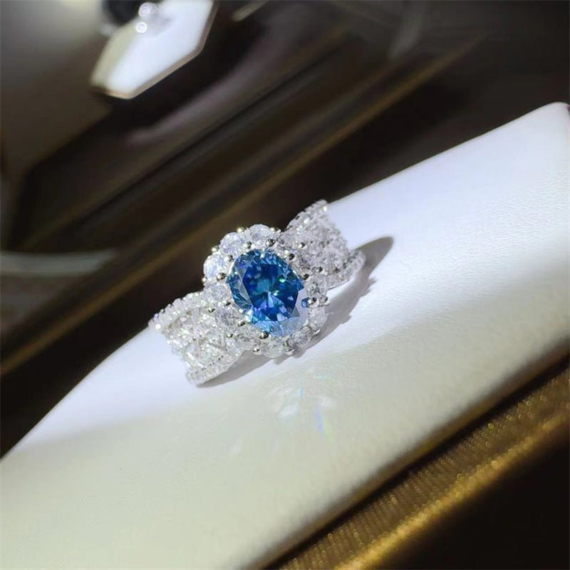 Blue Moissanite Halo Ring for Women, 1 Carat Oval Statement Engagement Ring, Geometric Pave Band – view 1