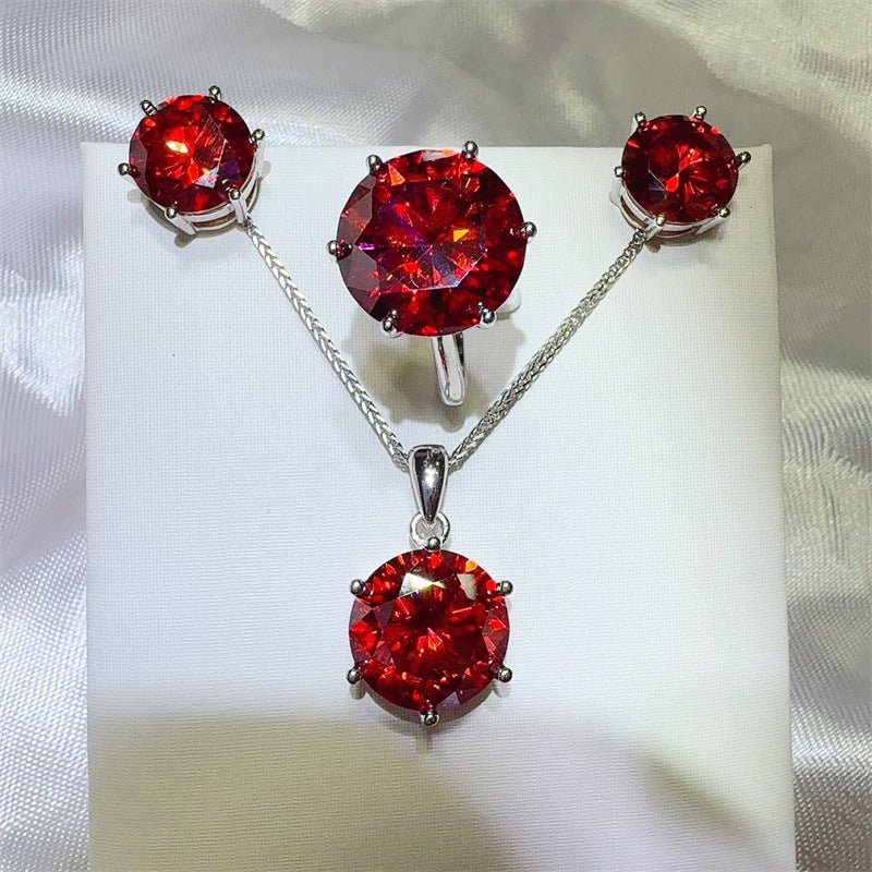Red Moissanite Six-Prong Jewelry Set Collection - Ring, Pendant & Stud Earrings – view 1