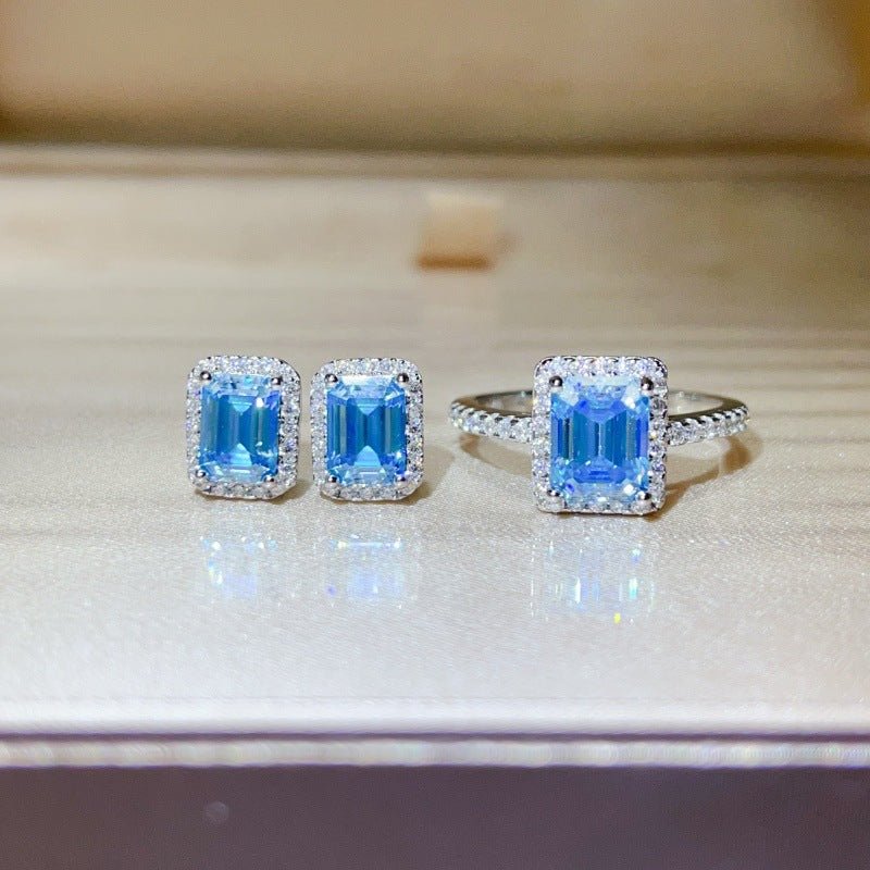 Blue Emerald-Cut Moissanite Ring and Stud Earrings Set, Halo Jewelry Set for Women – view 1