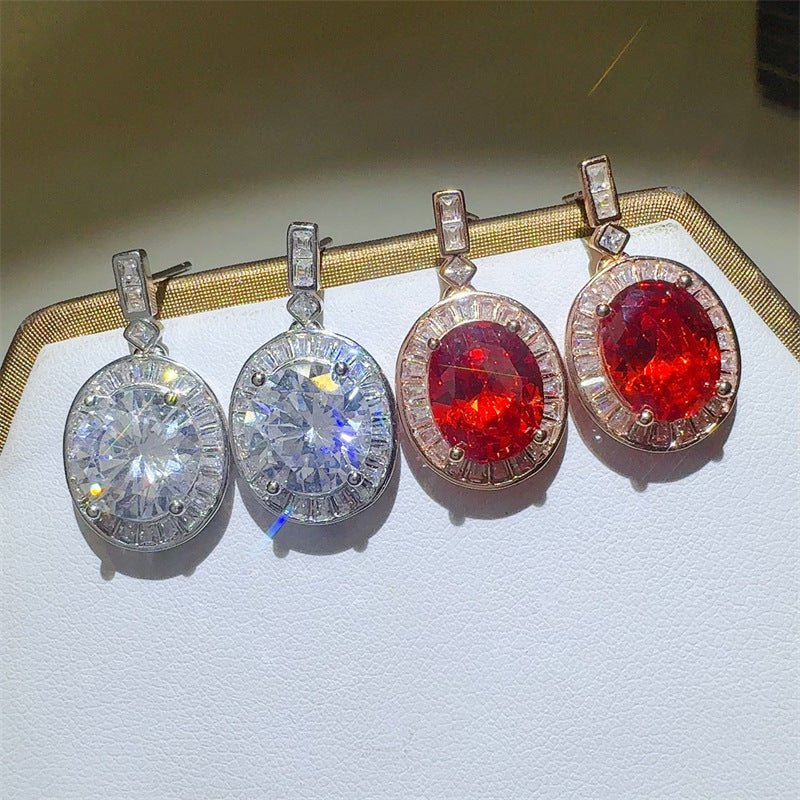 Oval Halo Drop Earrings for Women, White Moissanite Option & Red Stone Option – view 1
