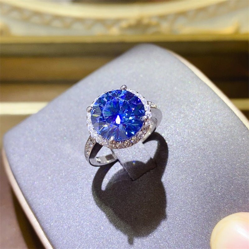 Blue Moissanite Halo Ring for Women, Round Cut Engagement Ring, 1 Carat 2 Carat 3 Carat 5 Carat Promise Ring – view 1