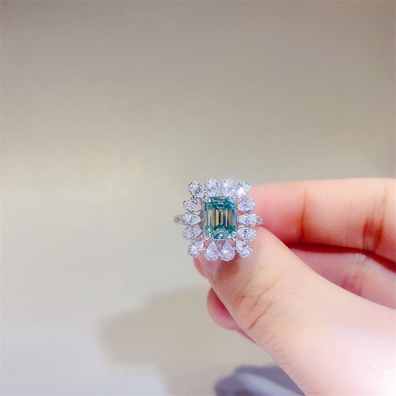 Green Emerald Cut Moissanite Halo Ring for Women, Geometric Statement Engagement Ring, 1 Carat 2 Carat 3 Carat – view 1
