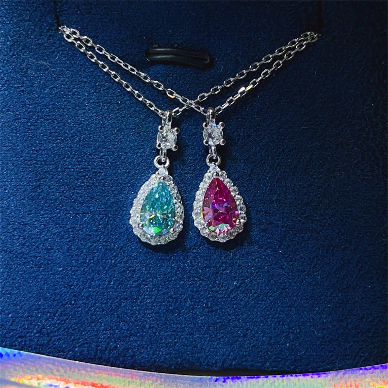 Teardrop Halo Pendant Necklace with Chain, Pink or Green Stone Drop Necklace for Women – view 1
