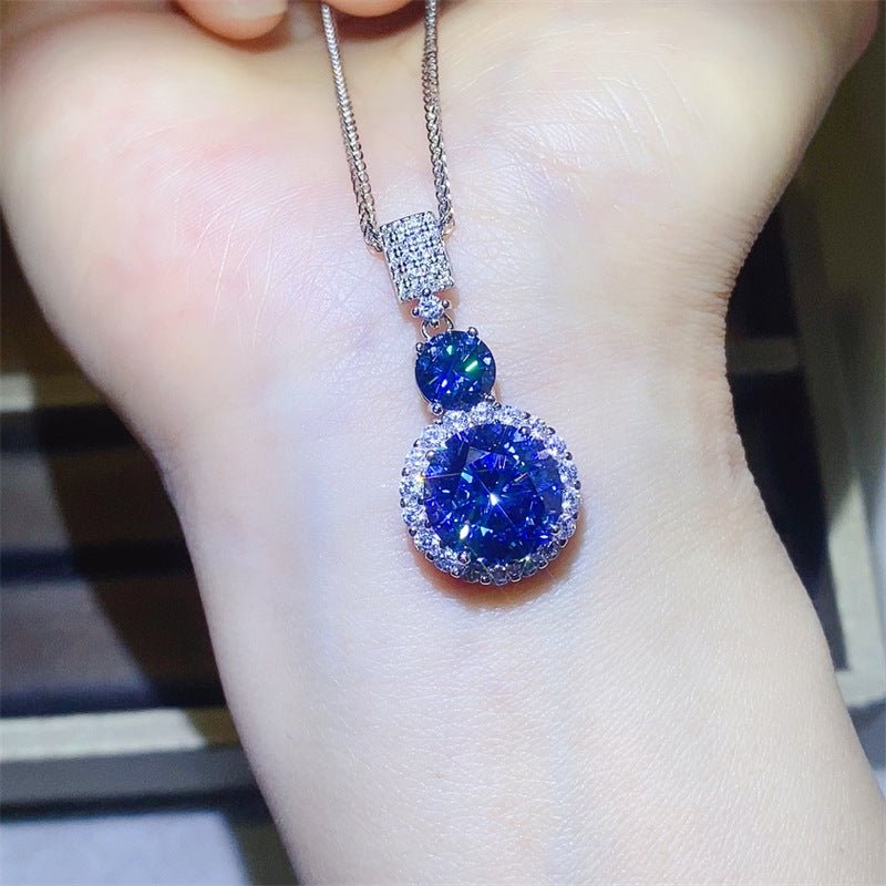 Blue Moissanite Halo Pendant Necklace Round Drop Clavicle Chain – view 1