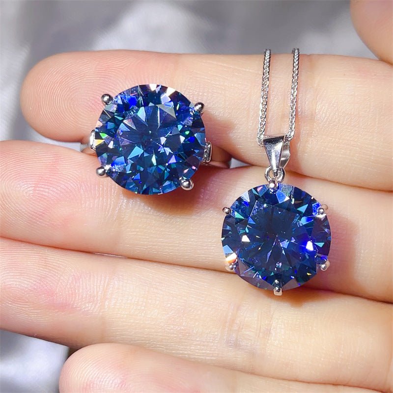 Blue Moissanite Ring and Pendant Necklace Set for Women, 5 Carat & 10 Carat Round Solitaire Jewelry – view 1