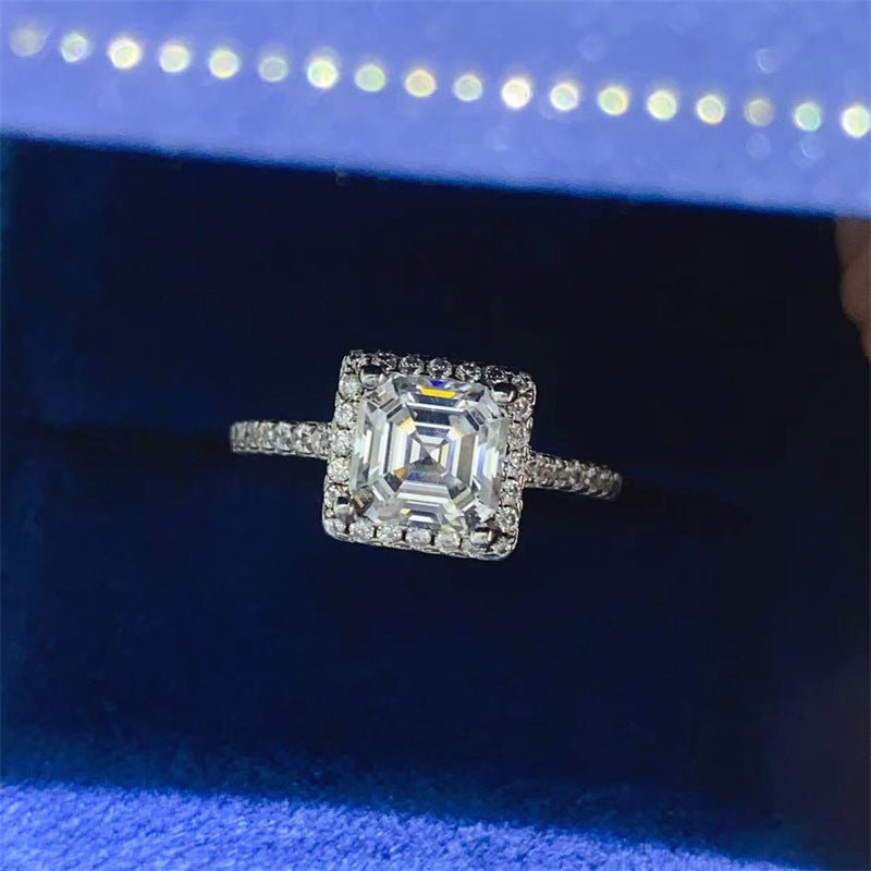 3 Carat Asscher Cut Moissanite Halo Ring for Women, Geometric Square Engagement Ring – view 1