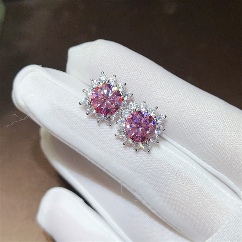 Pink Round Moissanite Stud Earrings with Halo Accent for Women – view 1
