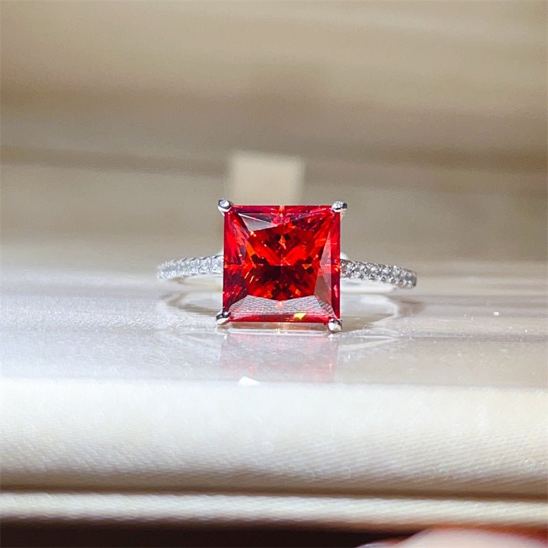 Red Princess Cut Moissanite Ring for Women, Pave Band Engagement Ring, 1 Carat 2 Carat 3 Carat 5 Carat – view 1