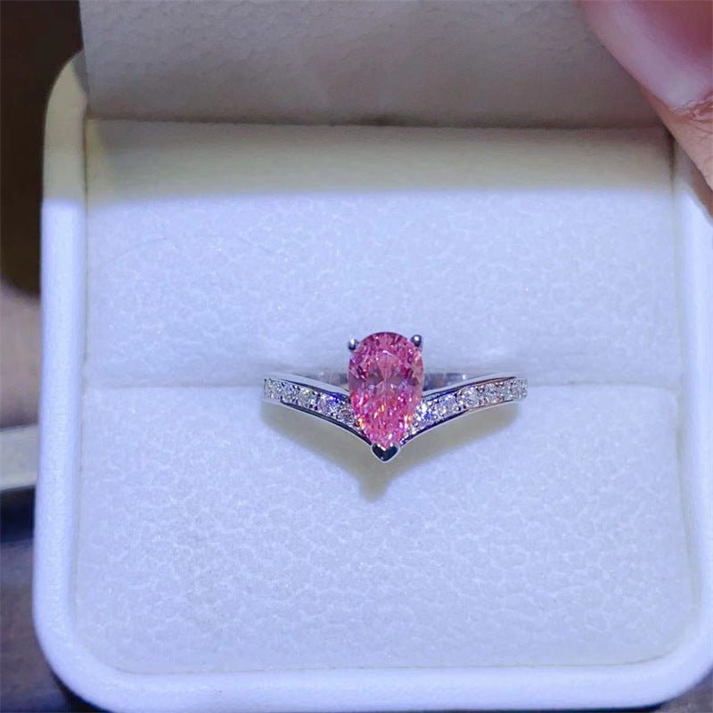 Pink Pear Shaped Moissanite Ring for Women, Micro Pavé U-Shaped Engagement Ring – view 1