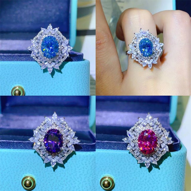 Oval Moissanite Halo Ring for Women, 2 Carat Colored Engagement Ring, Geometric U Shape Statement Ring – view 1