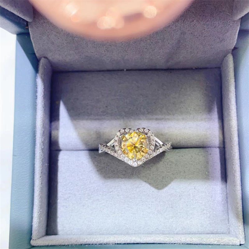 1 Carat Yellow Heart Moissanite Halo Ring for Women, U-Shape Engagement Ring – view 1