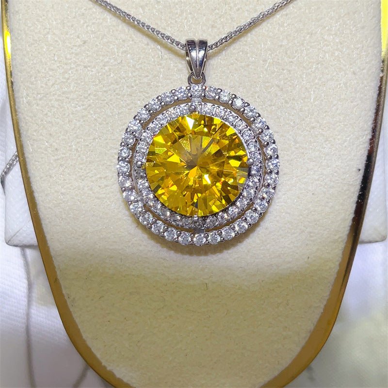 Yellow 10 Carat Moissanite Pendant Necklace Double Halo Round Chain Necklace – view 1