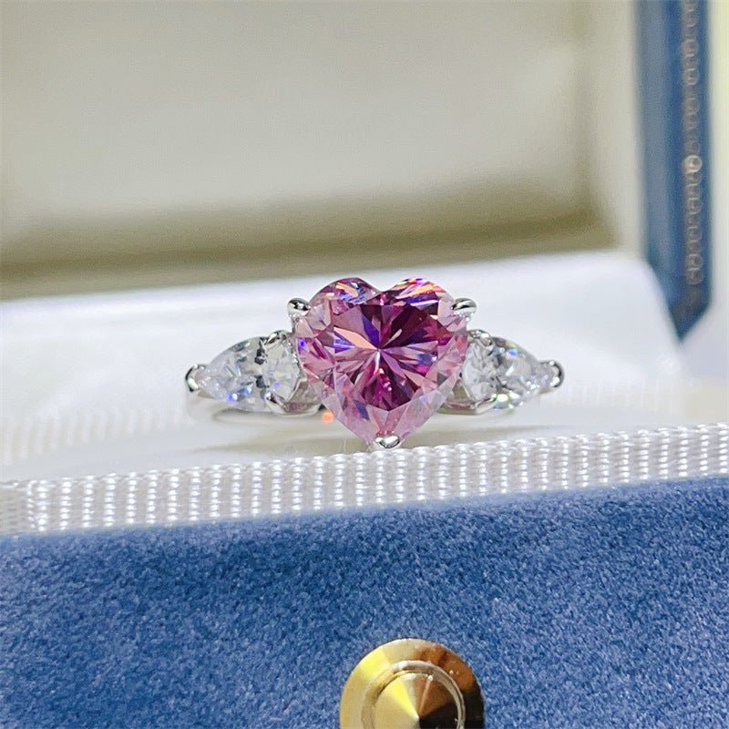 Pink Heart Moissanite Ring for Women, Three-Stone Engagement Ring, Promise Ring Gift – view 1