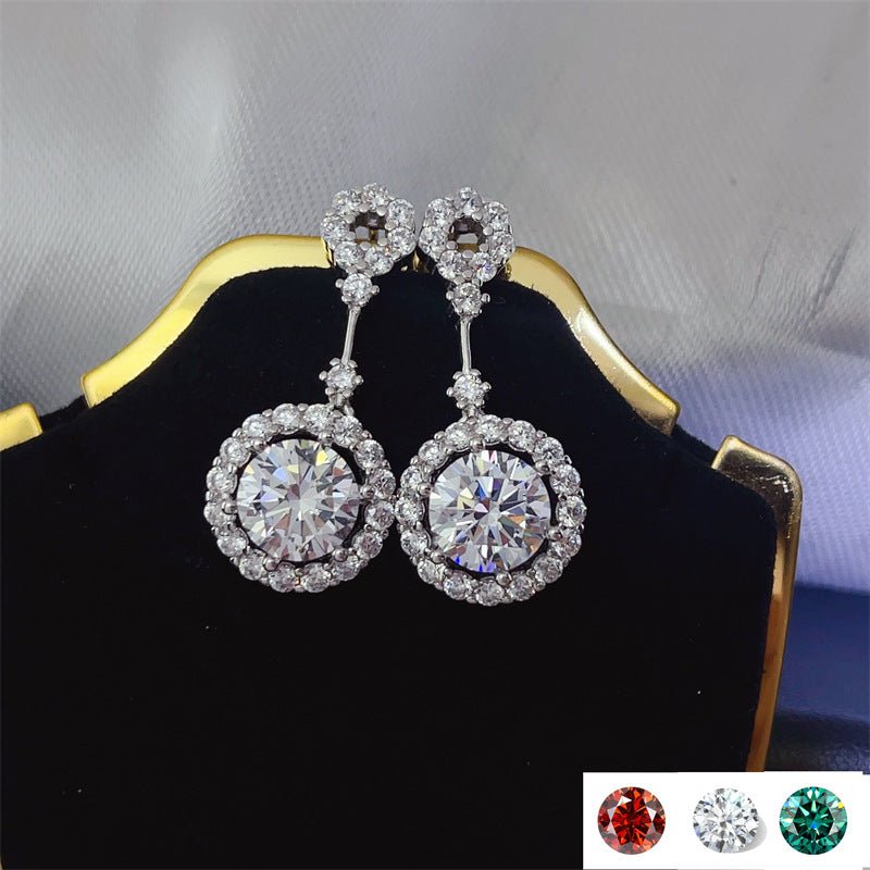 Moissanite Halo Drop Earrings for Women, Round Dangle Stud Earrings in White, Red or Green, 2 Carat or 4 Carat Total – view 1