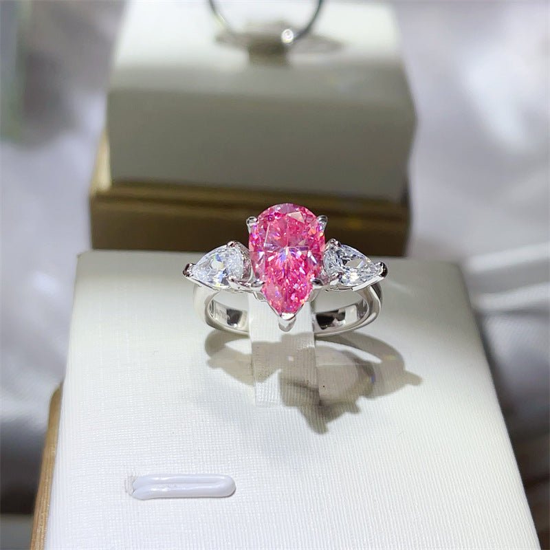 Pink Pear Cut Moissanite Ring for Women - Three Stone Engagement Style Ring, 1 Carat 2 Carat 3 Carat – view 1