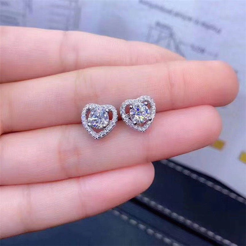 Heart Moissanite Stud Earrings, Halo Heart Studs, Micro-Pavé Sparkle Earrings for Women – view 1