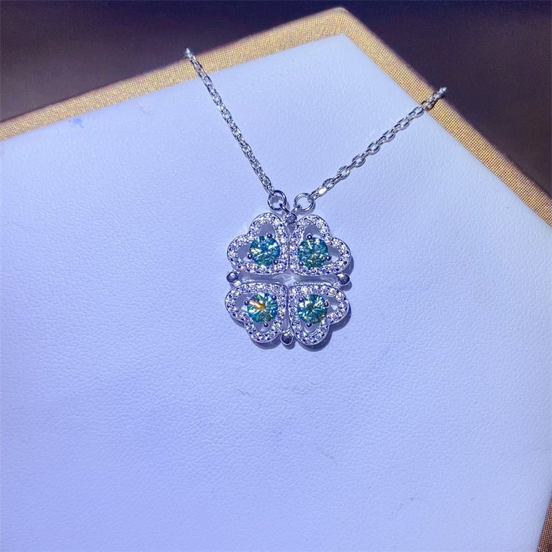 Green Moissanite Four Leaf Clover Pendant Necklace for Women, Leaf Shape Collarbone Chain Jewelry – view 1