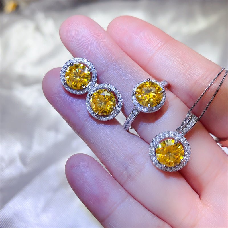 Yellow Moissanite Jewelry Set Round Halo Ring Pendant Stud Earrings for Women – view 1