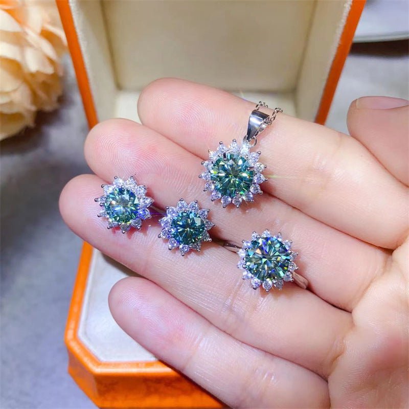Green Moissanite Sunflower Jewelry Set, Pendant, Ring & Earrings – view 1