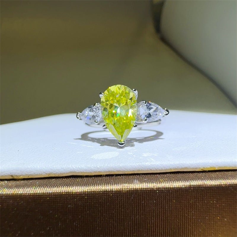 Yellow Pear Cut Moissanite 3 Stone Ring for Women, Geometric Engagement Ring, Promise Ring, Sizes 9-20 – view 1
