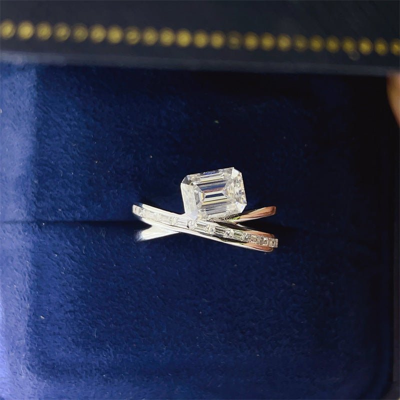 2 Carat Emerald Cut Moissanite Crossover Ring for Women, D Color Rectangular Promise Engagement Ring – view 1