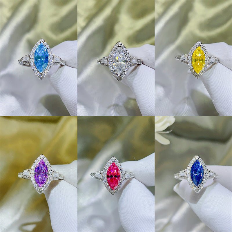 Marquise Moissanite Halo Ring for Women, Geometric Engagement Ring in White, Yellow, Aqua, Purple, Pink or Blue, 1 Carat or 2 Carat – view 1