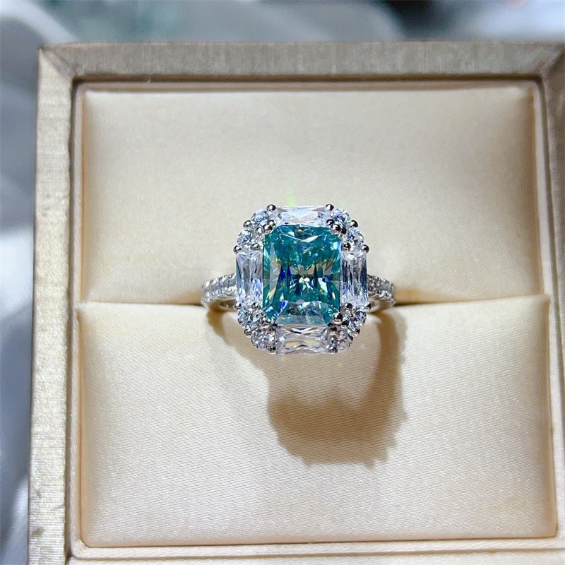 3 Carat Green Radiant Cut Moissanite Halo Ring for Women, Geometric Engagement Ring, Rectangular Statement Ring – view 1