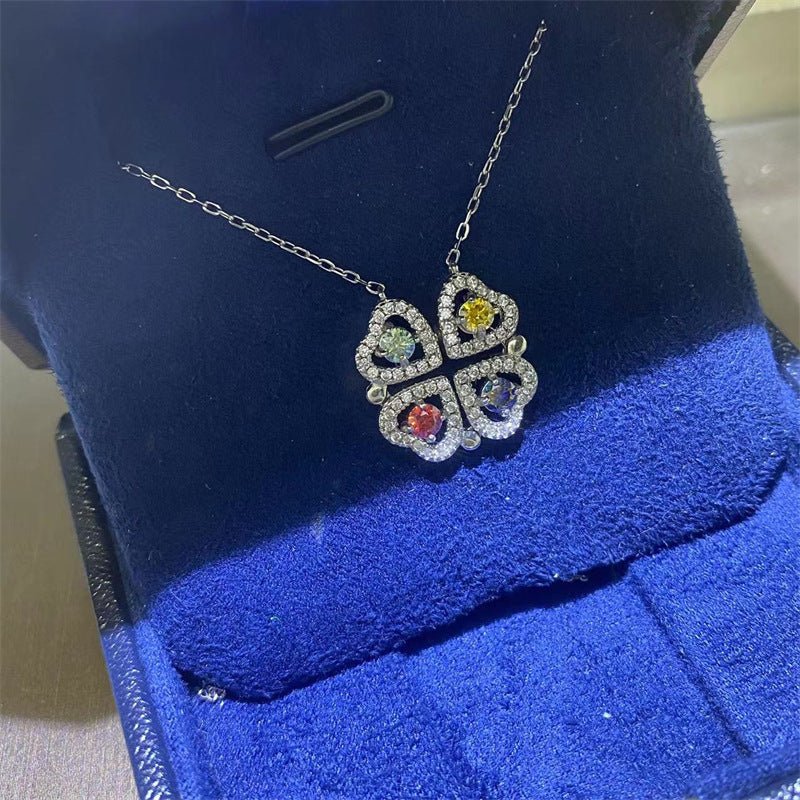 VVS Moissanite Four Leaf Clover Pendant Necklace, Colorful Round Stone Collarbone Chain for Women – view 1