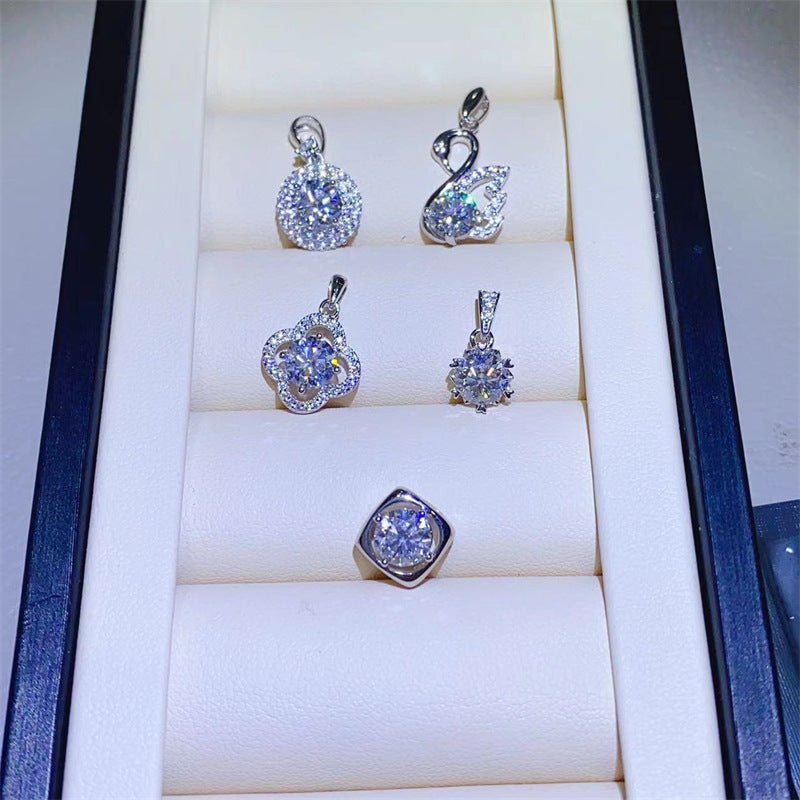 Moissanite Ring & Pendant Collection – U Shape Halo Ring, Swan, Clover and Solitaire Pendant Styles – view 1
