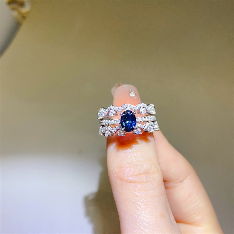 Blue Oval Moissanite Ring Set for Women, Geometric Statement Engagement Ring Style, 3 Piece Stackable Ring – view 1