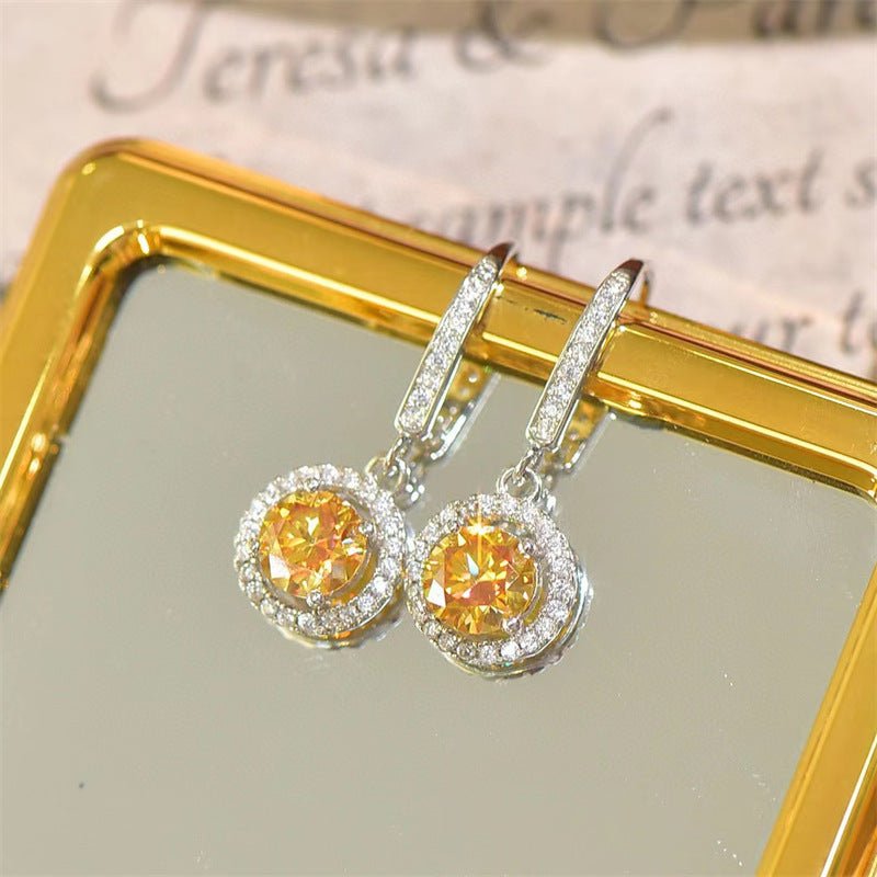 Yellow Moissanite Round Halo Drop Earrings, Sparkling Dangle Earrings for Women – view 1