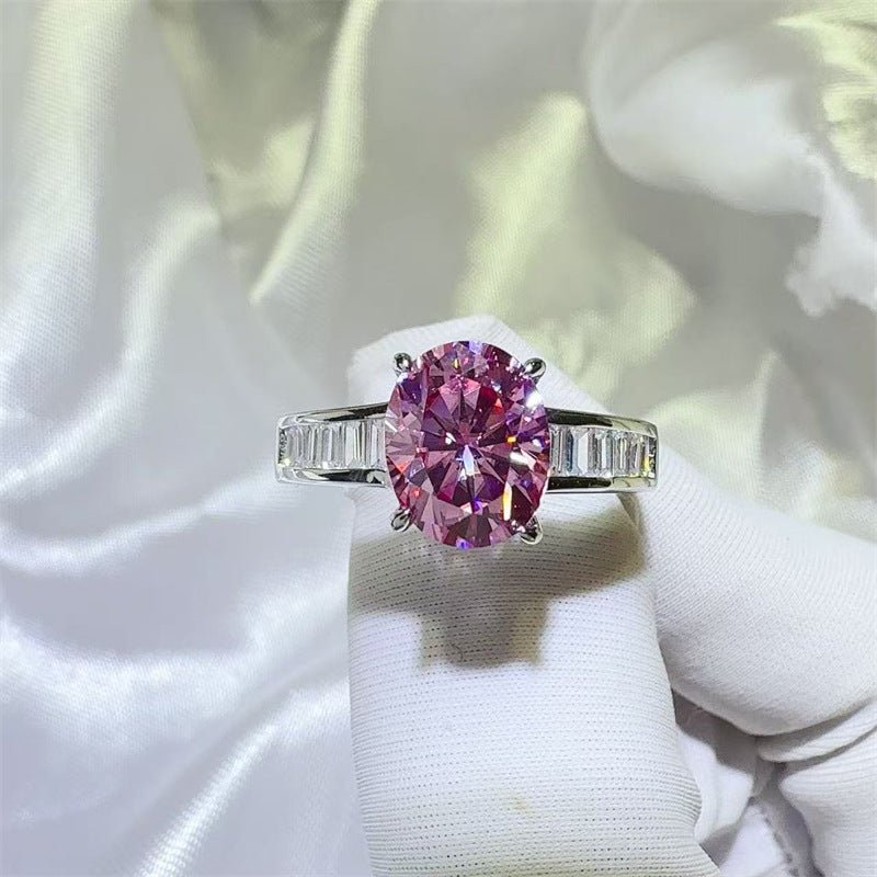 3 Carat Pink Moissanite Ring for Women, Oval Halo-Style Engagement Ring with Side Stone Band – view 1