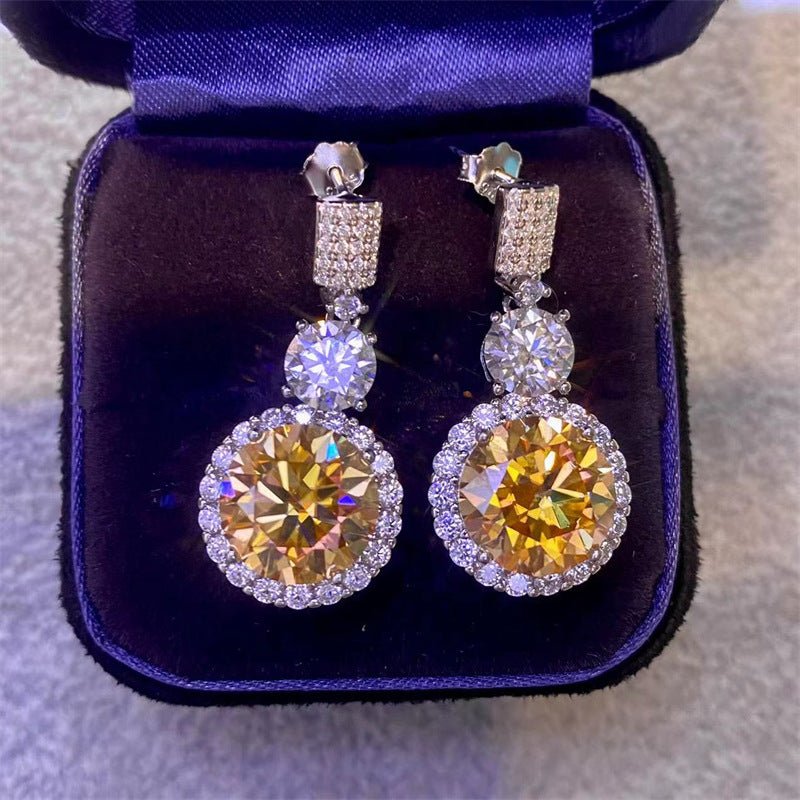 Moissanite Round Halo Drop Earrings, Silver-Tone Dangle Studs with Pavé Top – view 6