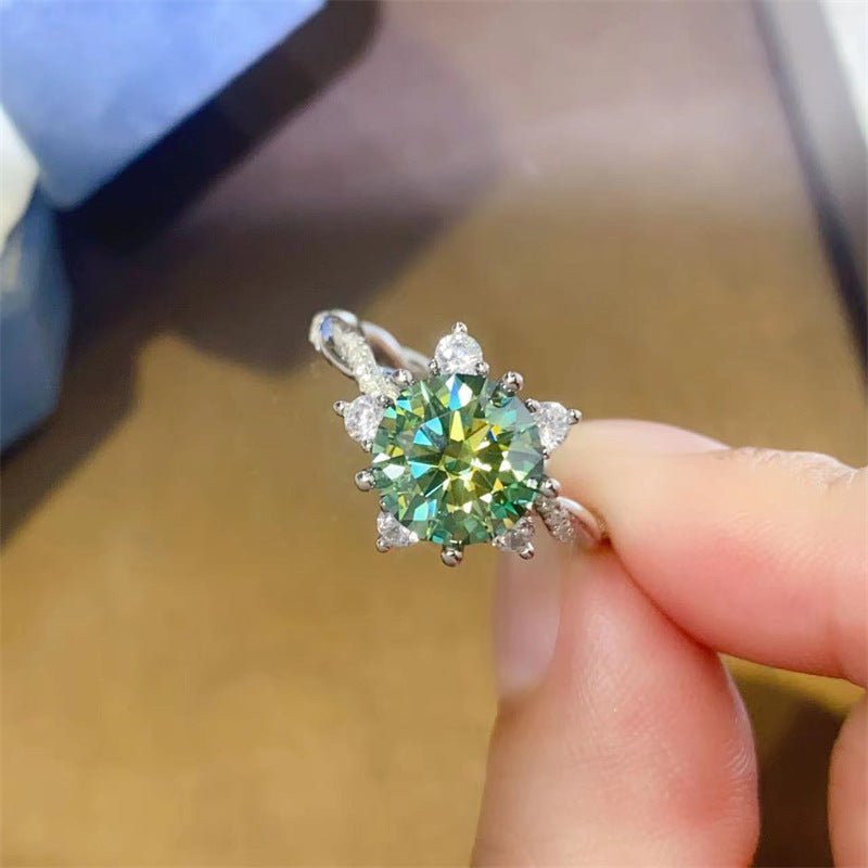 Green VVS1 Moissanite Flower Halo Ring for Women, Round Cut Floral Cluster Style – view 1
